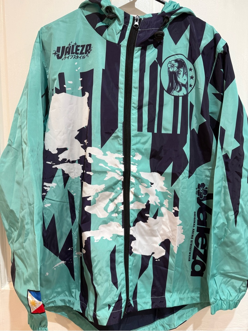 Teal & Navy Graphic Hooded Windbreaker Jacket